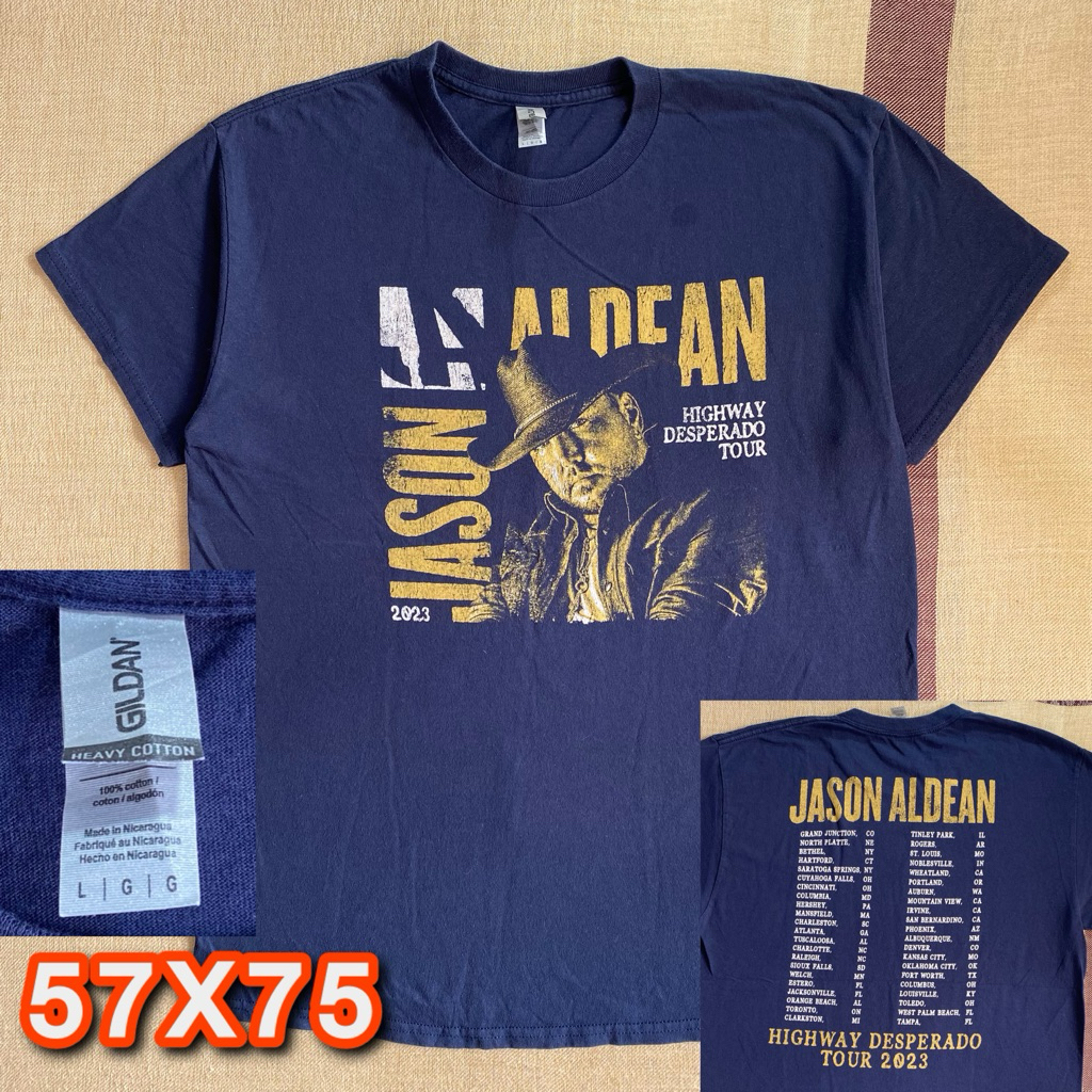 Kaos Konser Band second original Jason Aldean Highway Desperado Tour 2023 Tag Gildan Heavy Cotton Si