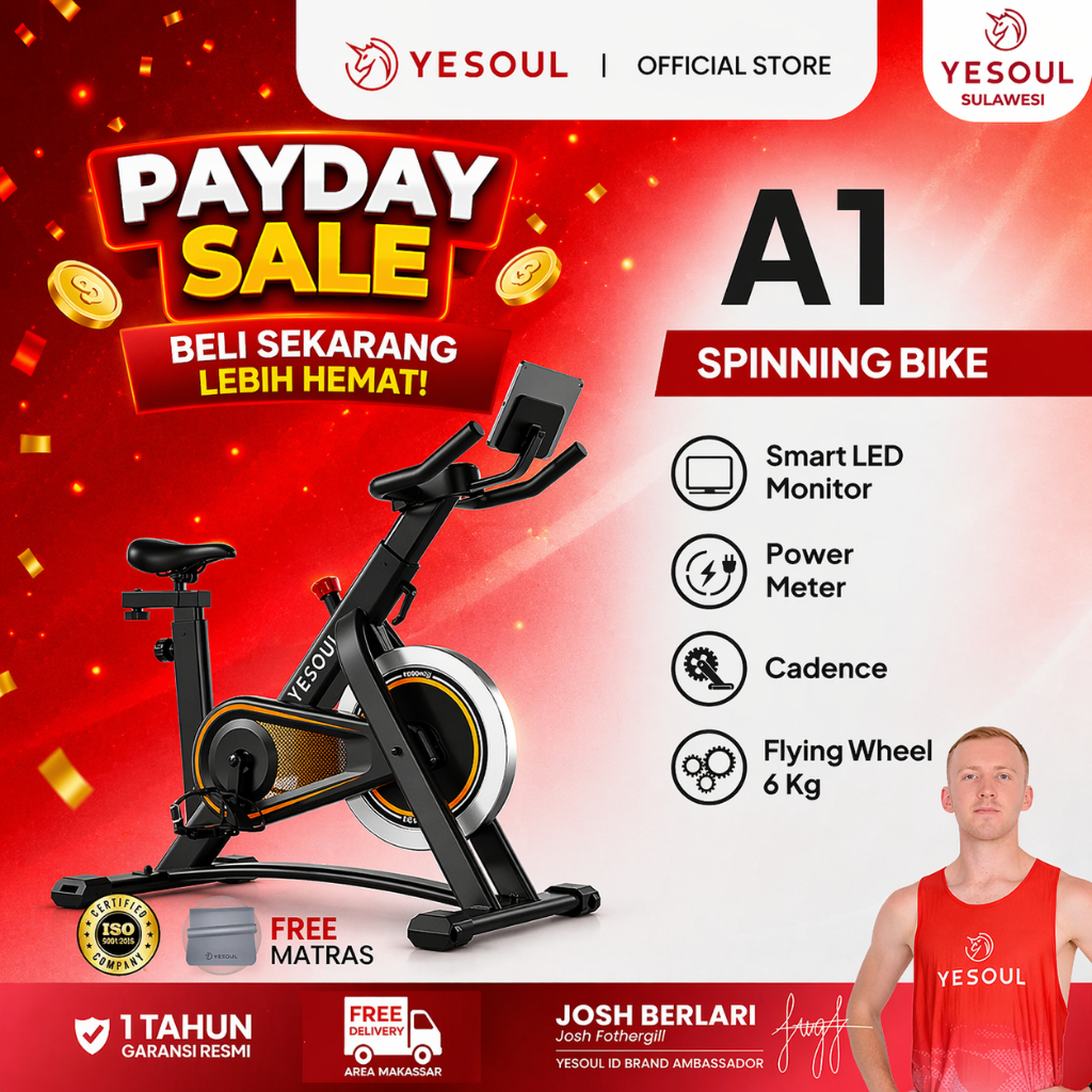 Yesoul A1 Smart Indoor Spinning Bike - Hitam, 6 kg Flywheel Aluminium, 100 Level Resistance Magnetic