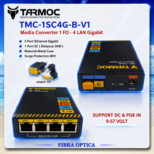 Tarmoc TMC-1SC4G-B-V1 | Media Converter Switch 1SC 4LAN / 1 SC 4 LAN Gigabit POE IN 9-57 Volt | 1FO 
