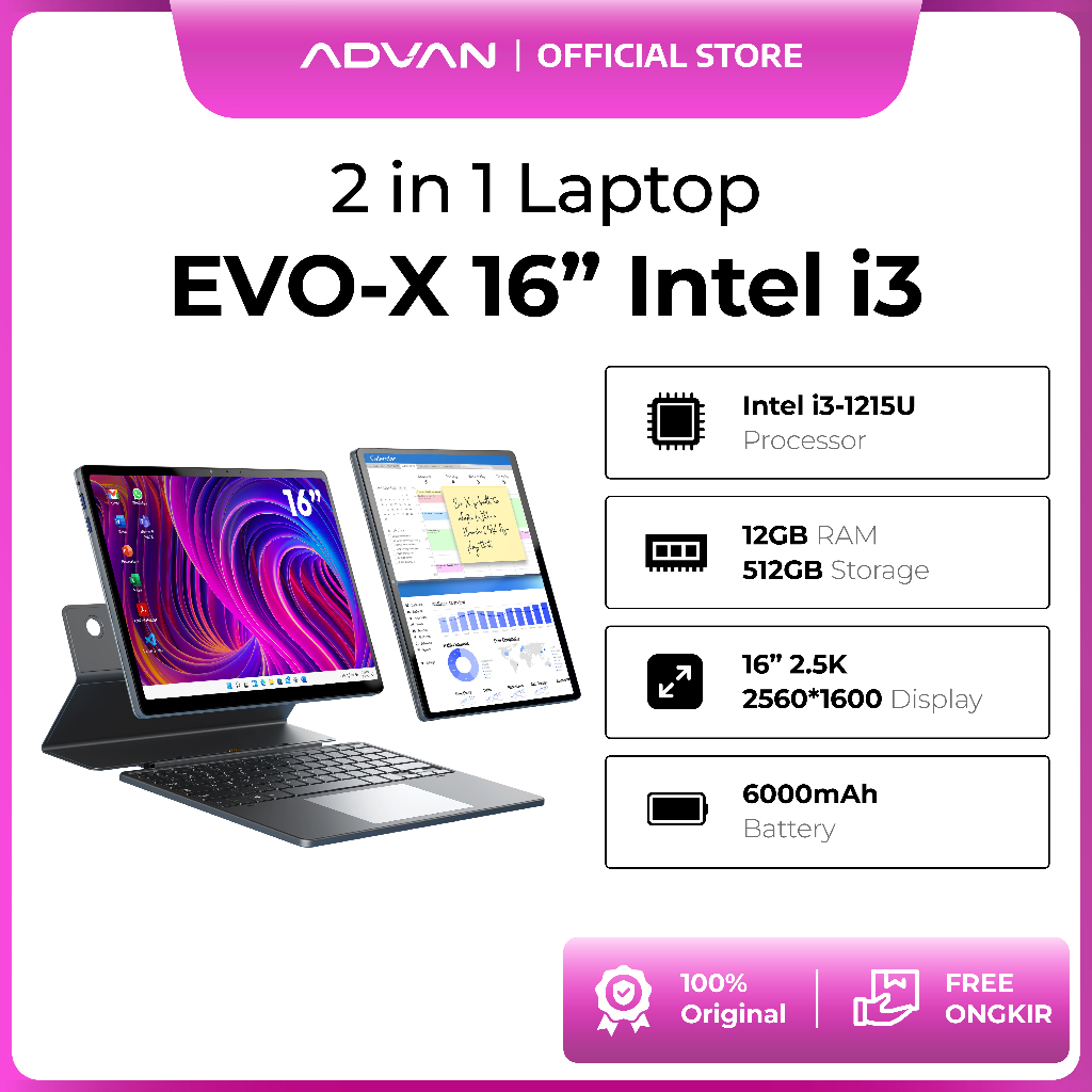 [FREE STYLUS PEN +KEYBOARD] ADVAN Laptop 2 in 1 EVO-X 16” / 13" Touchscreen Detachable 2.5K Display 