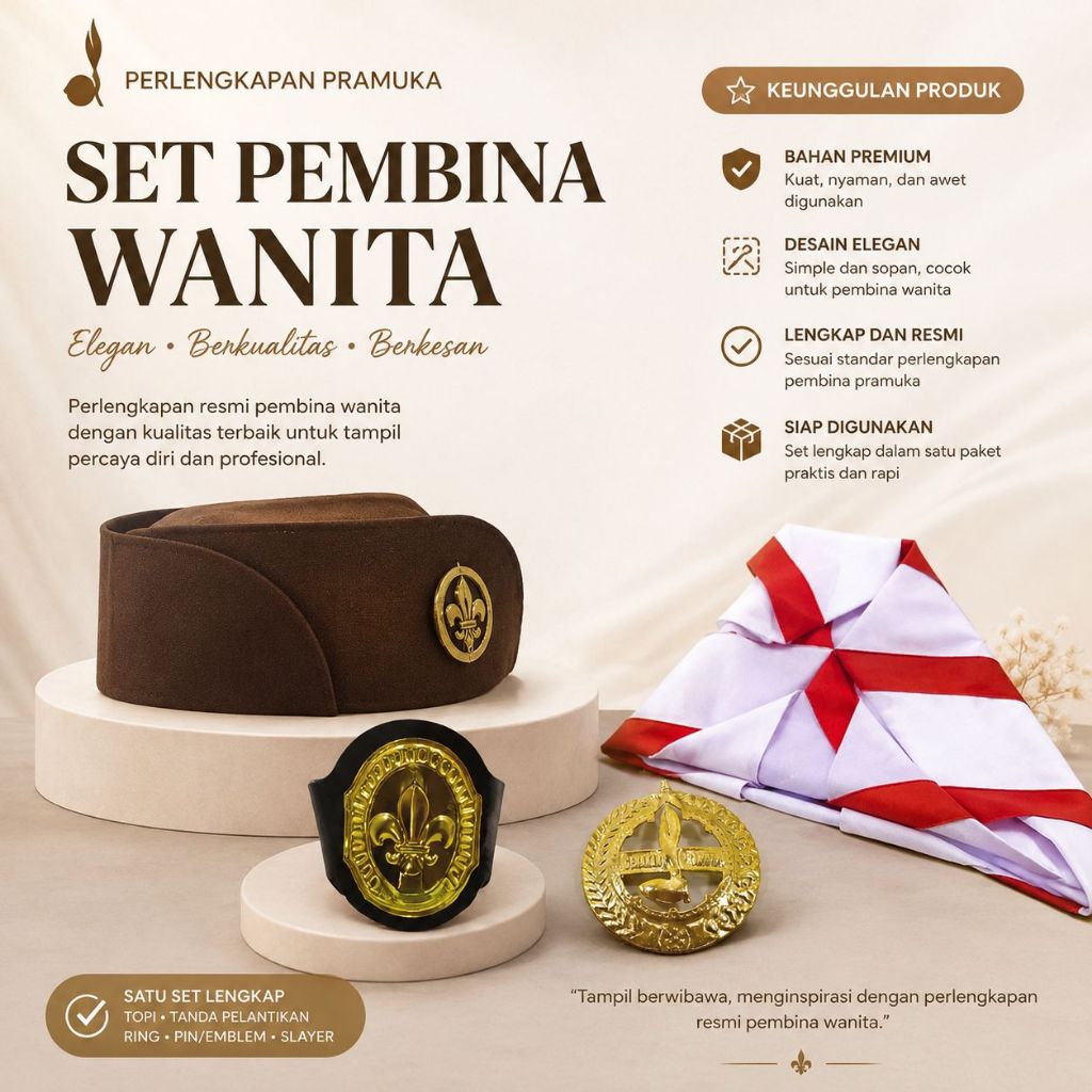 Set Lengkap Pembina Pramuka 4pcs Atribut Topi Kacu Pin & Ring
