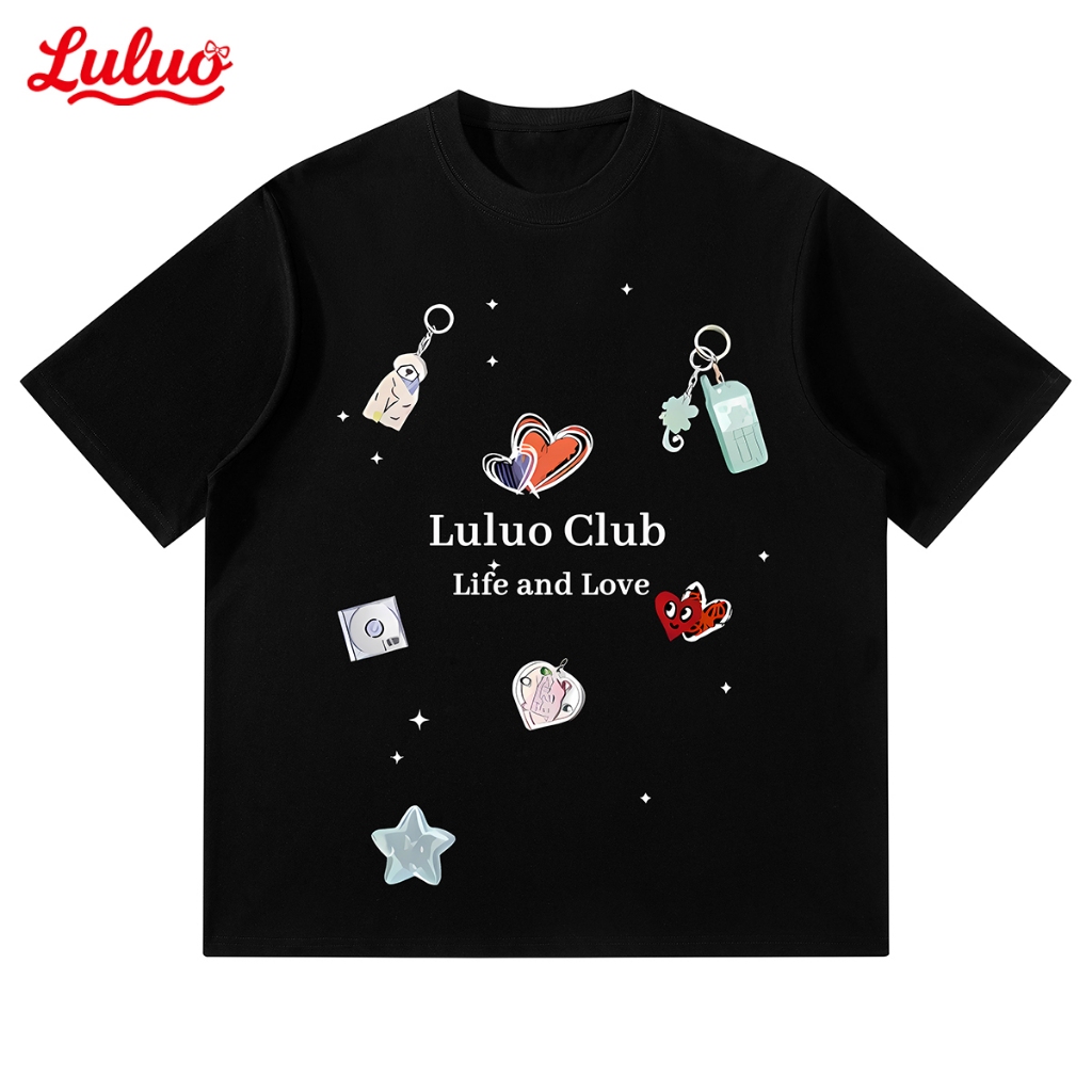 LULUO Kaos Cewek Hitam Motif Gantungan HP CD Love Y2K Style Life And Love Gaya Pinterest Unisex Coup