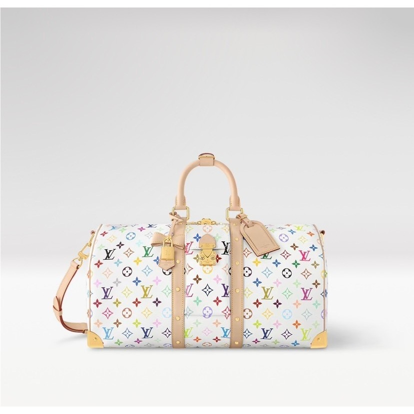Takashi Murakami collaboration keepall BANDOULIERE 45 white tri color brand old flower coated canvas