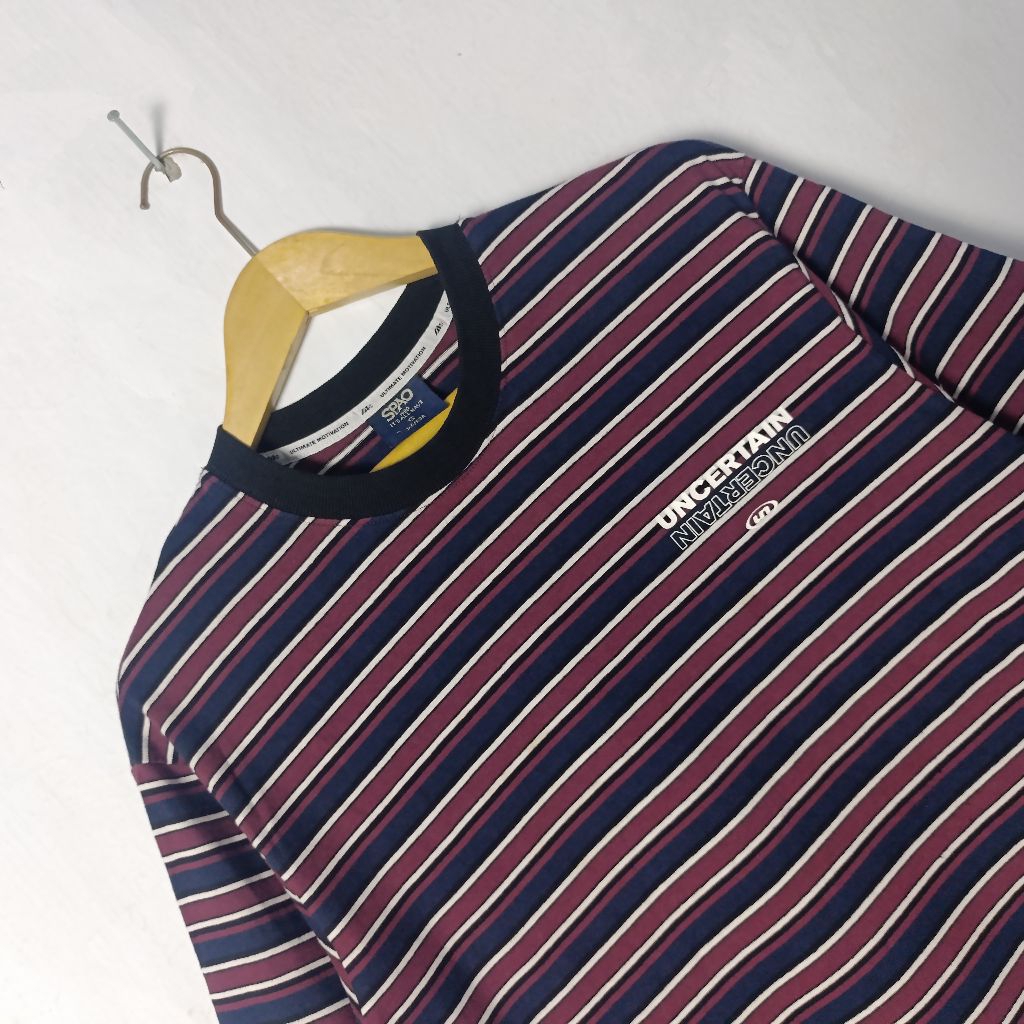 [T-shirt Stripe Spao] Kaos Salur Spao Navy Maroon Size S (Fit to M)