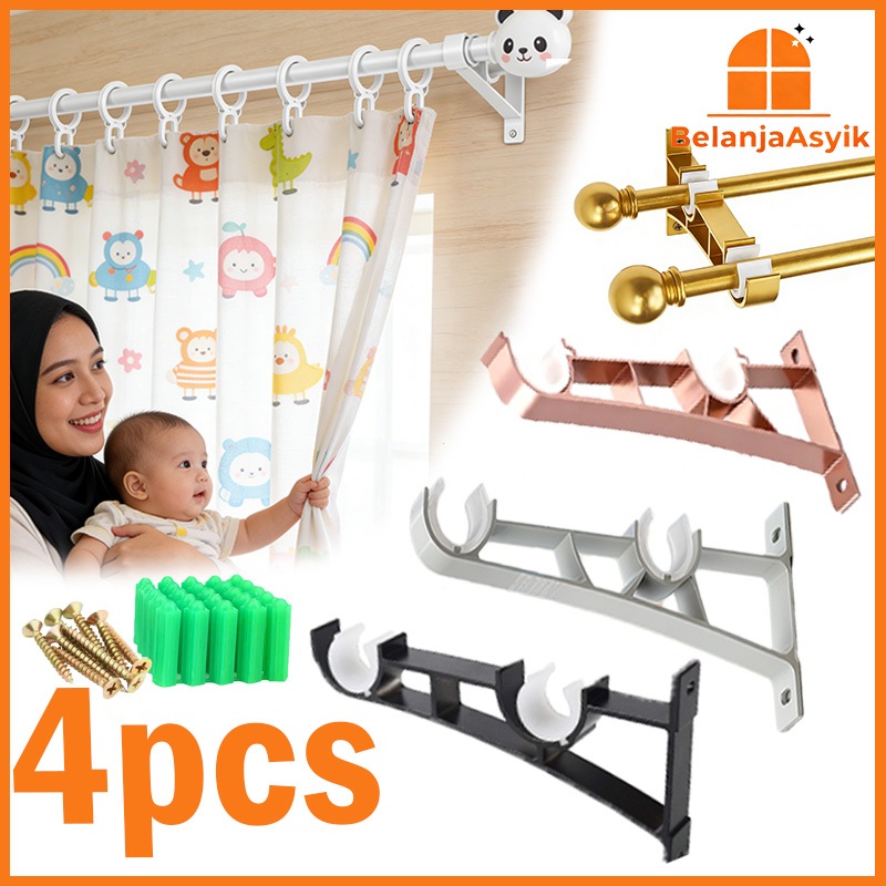 2/4 pcs Sepasang Penyangga Tiang Gorden Double Bracket Gorden Impor Bracket Gorden Tebal Utk Rel Gor