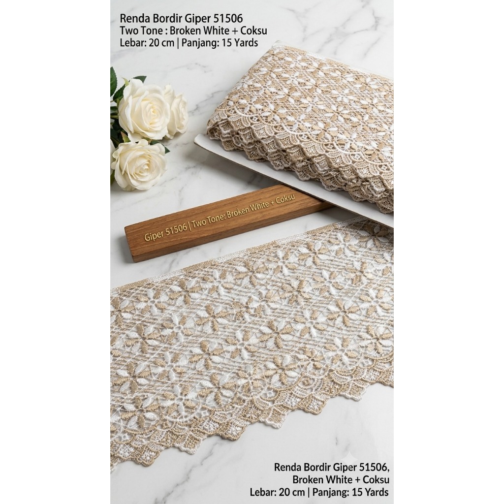 Renda Bordir Giper 51506 Premium Two Tone Broken White Coksu | Lebar 20 cm | Panjang 15 Yards | Rend