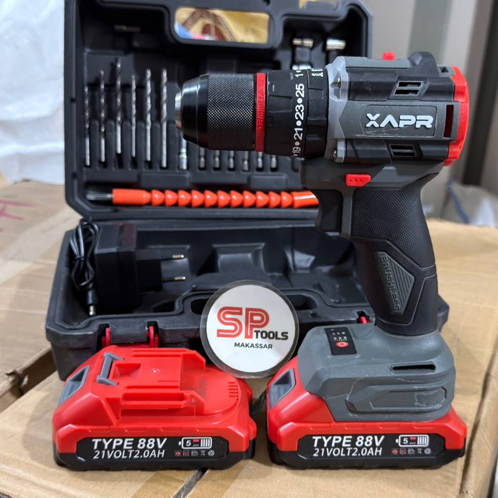 MESIN BOR CAS IMPACT BETON SET CORDLESS BATERAI 88VF 21V 13MM XAPR APR AP34+
