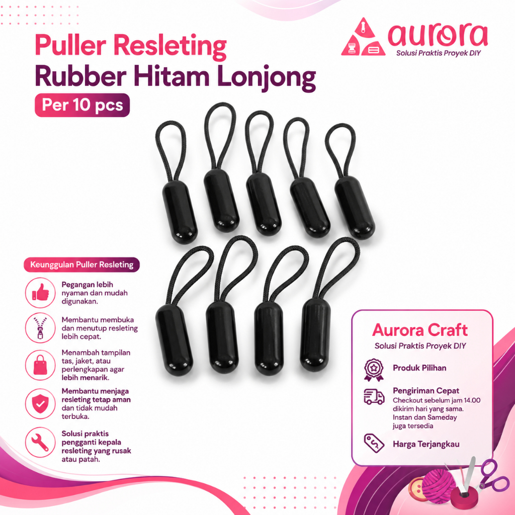 Puller Resleting Rubber Hitam Lonjong Per 10 PCS | Pengganti Kepala Resleting Tas Jaket Dompet Koper