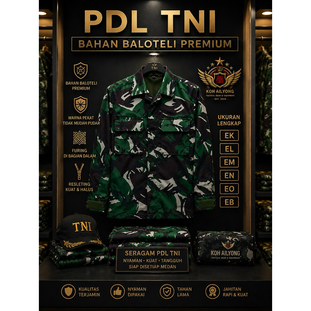 Seragam PDL TNI Baloteli Premium Gelap Pekat Original | Jahitan Rapi | Ukuran Lengkap