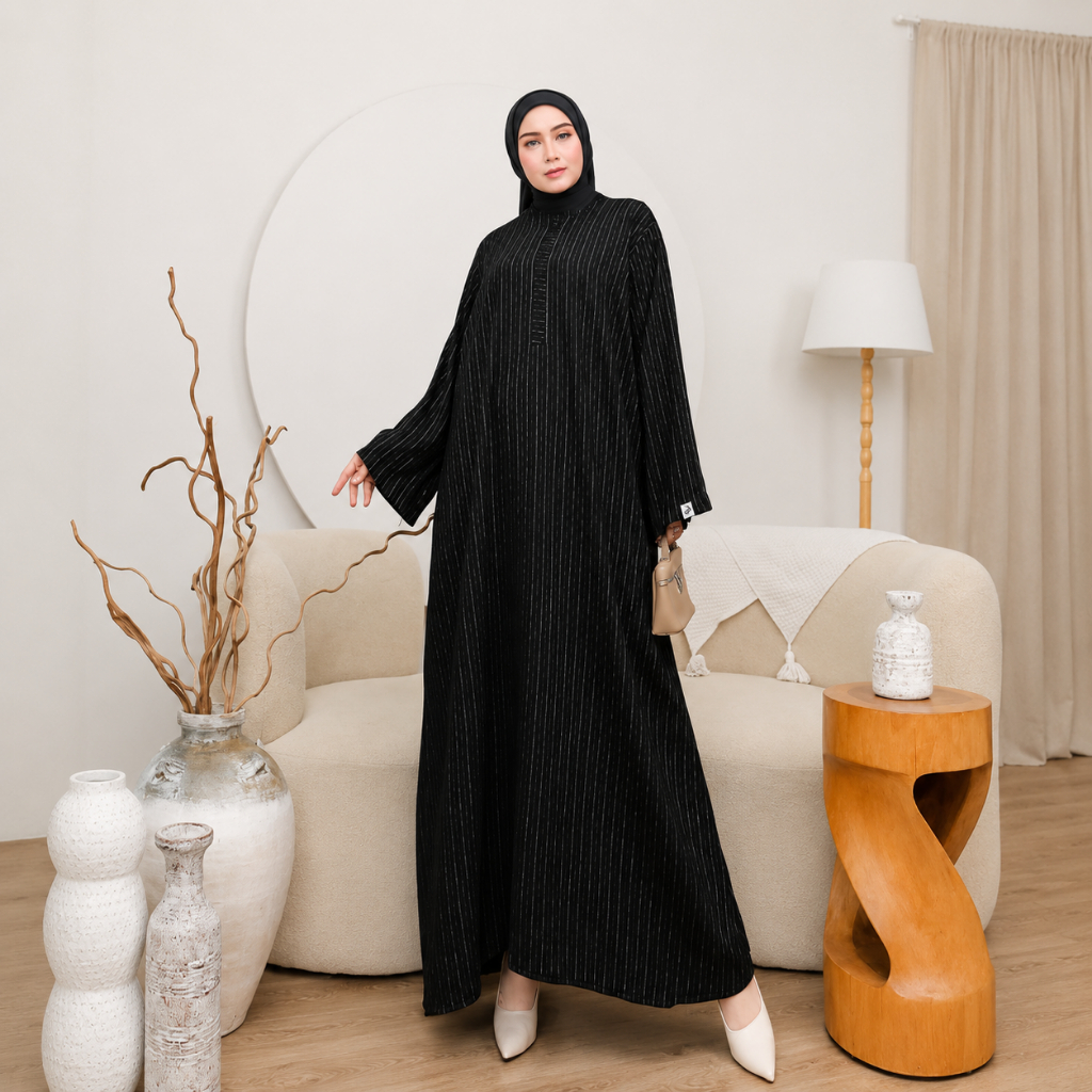 Abaya Hitam Salur Kecil  Saudi List Garis Bahan Jetblack Premium - Baju Gamis Dress Muslimah