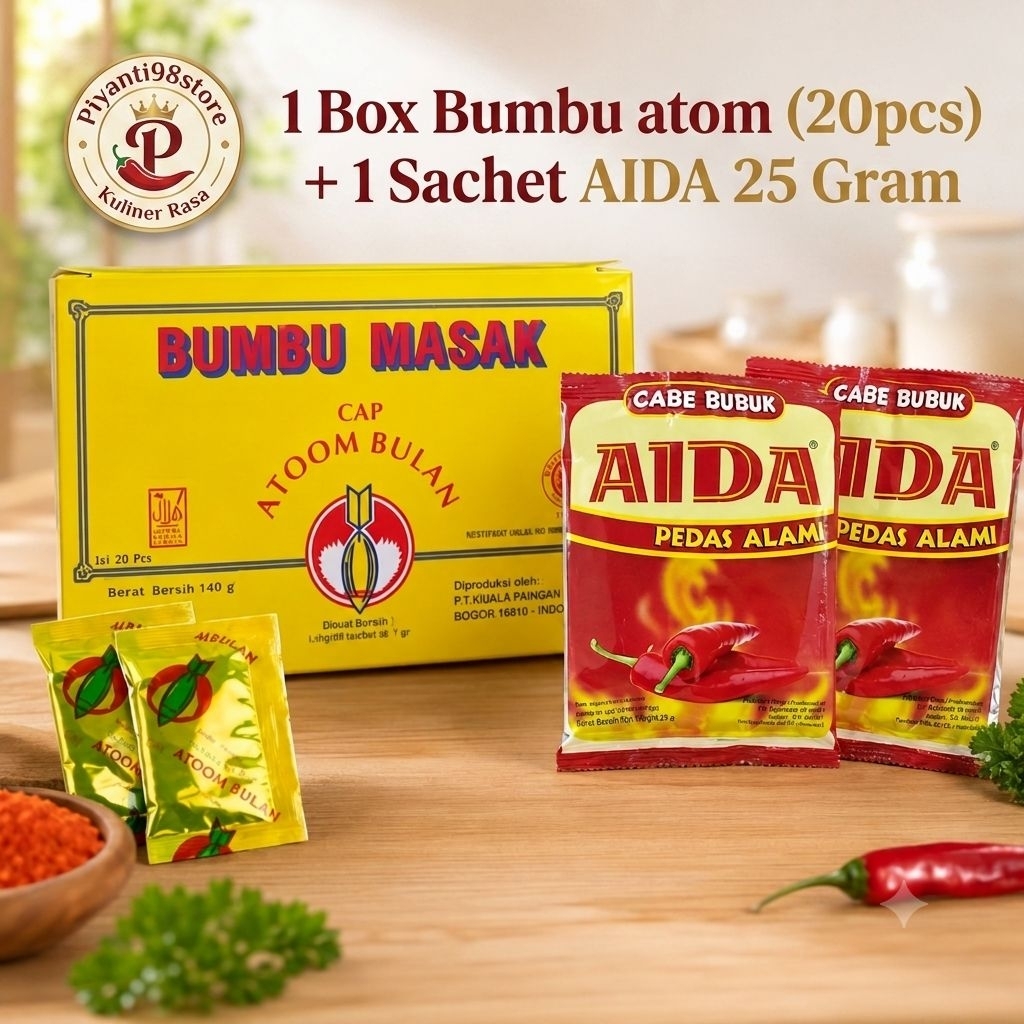 Bumbu Masak Cap Atom Bulan 1 BOX(20 PCS) + 1 Sachet AIDA Cabe bubuk