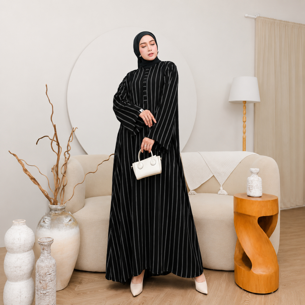 Abaya Hitam Salur Besar Saudi List Garis Bahan Jetblack Premium - Baju Gamis Dress Muslimah