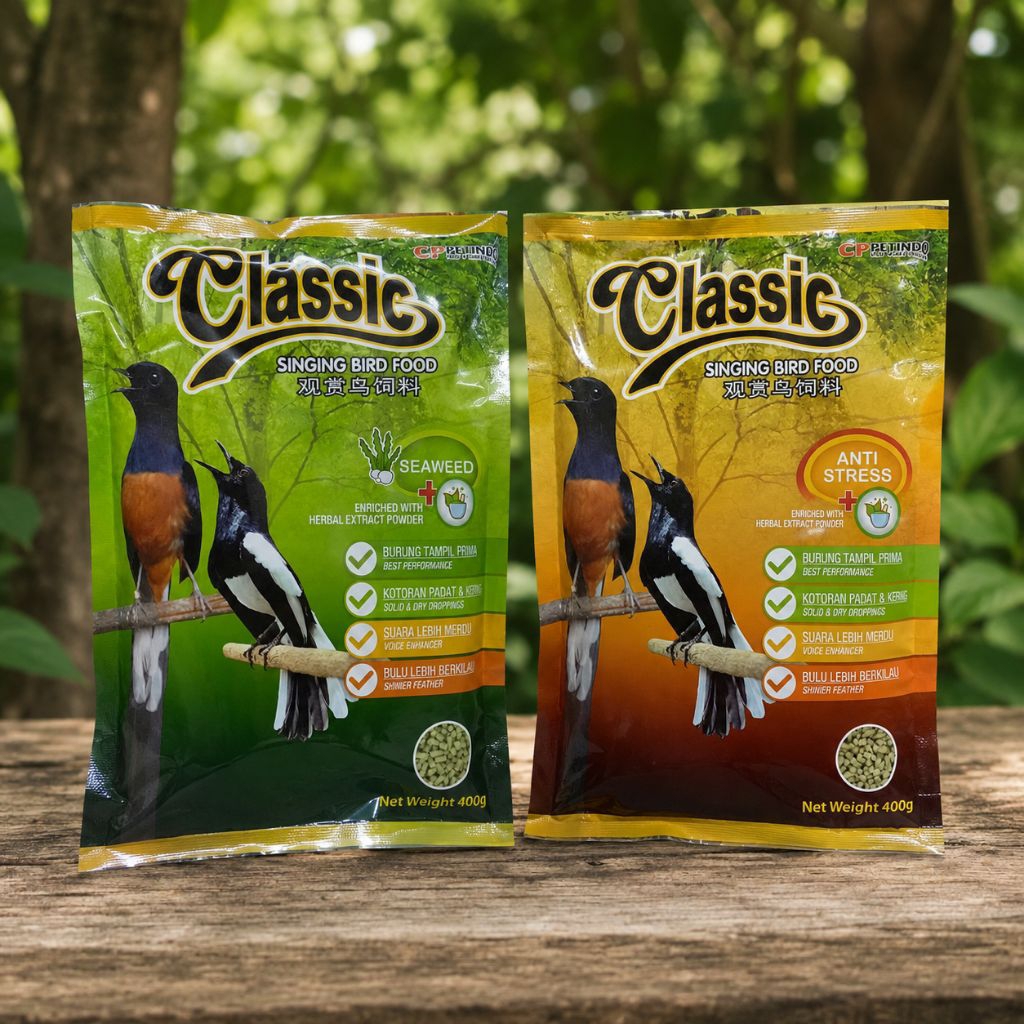 VOER CLASSIC PAKAN BURUNG MURAI KACER CENDET VOER PUR CLASSIC HIJAU KUNING 400GR