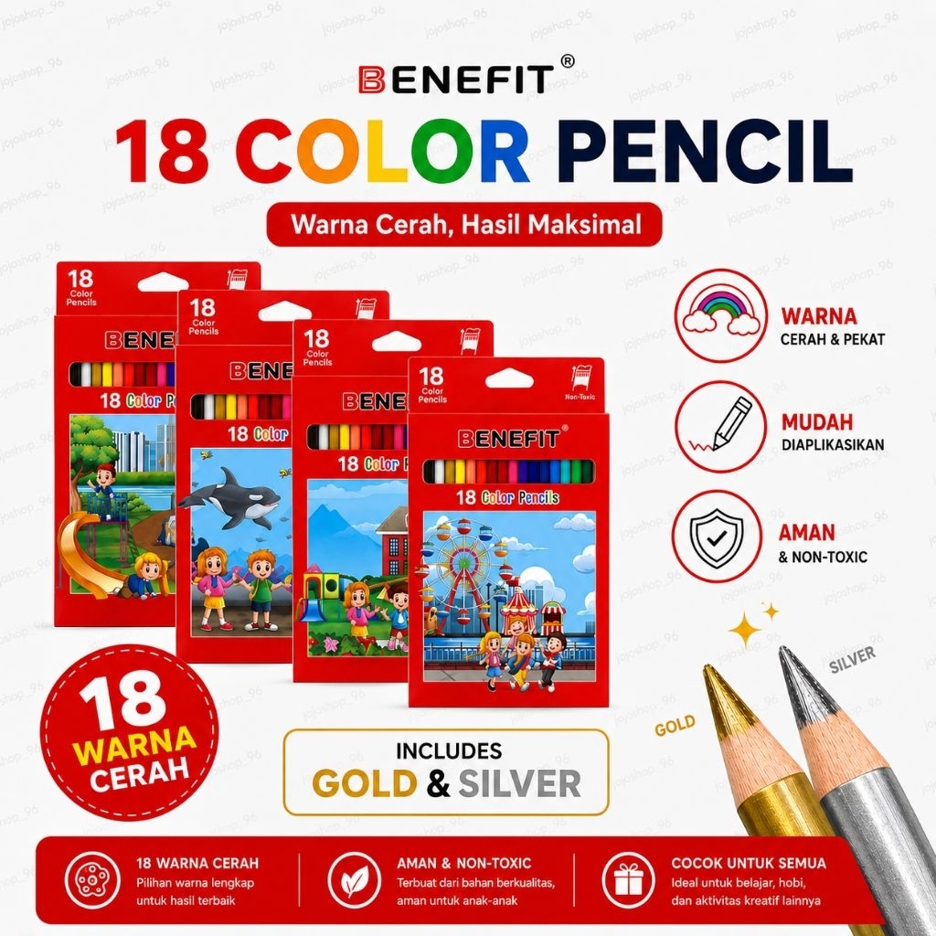 Pensil Warna BENEFIT PW-1810 Panjang, Pigmen Berkualitas Tinggi, Hasil Halus, Isi 18 Warna Include W