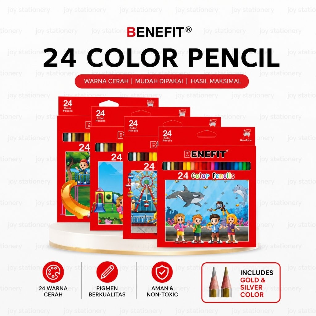 Pensil Warna BENEFIT PW-2410 Panjang, Pigmen Berkualitas Tinggi, Hasil Halus, Isi 24 Warna Include W