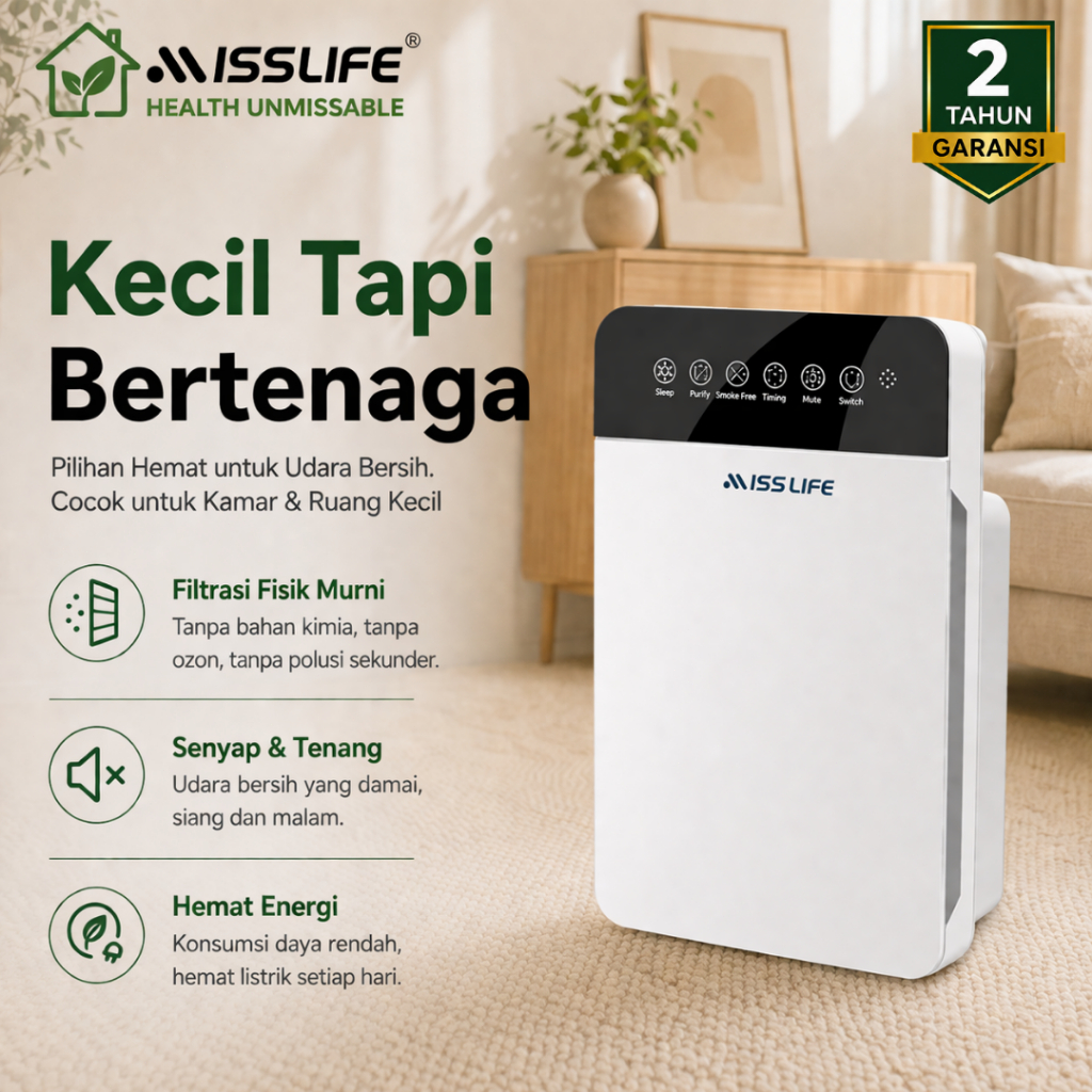 Miss Life Air Purifier Pembersih Udara Ruangan 10-20m² dengan HEPA Filter & Karbon Aktif Penyaring D