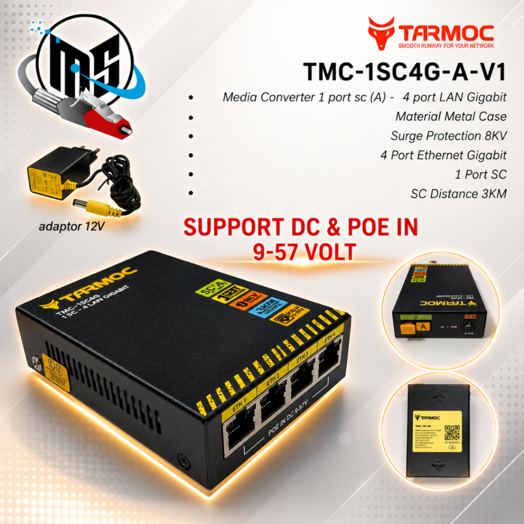 Tarmoc TMC-1SC4G-A-V1 | Media Converter Switch 1SC 4LAN / 1 SC 4 LAN Gigabit POE IN 9-57 Volt | 1FO 