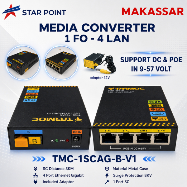 Tarmoc TMC-1SC4G-B-V1 | Media Converter Switch 1SC 4LAN / 1 SC 4 LAN Gigabit POE IN 9-57 Volt | 1FO 