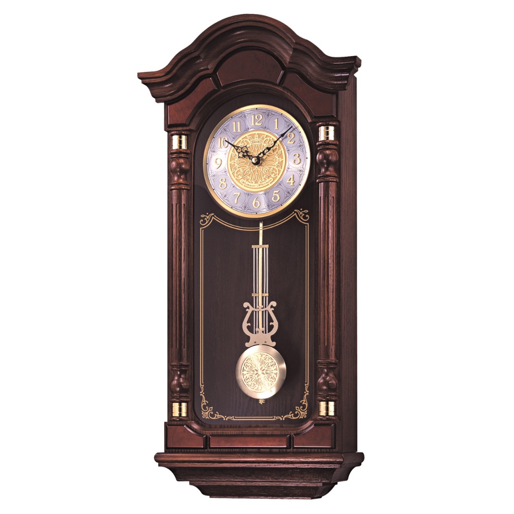Jam Dinding Seiko QXH004 QXH004B Alder Wood Pendulum Clock Analog Gold Silver Dial Color Brown Wood 