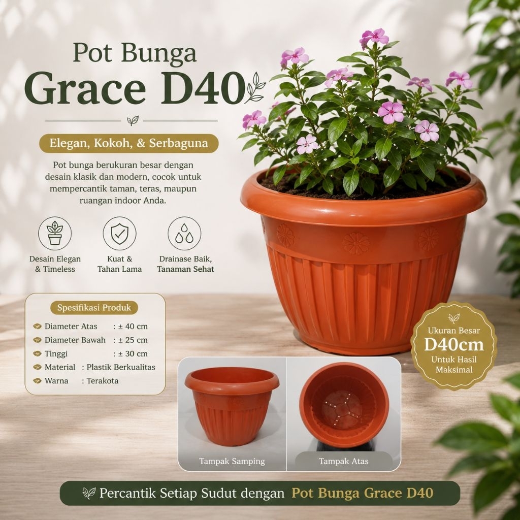 Pot Pelastik Pot Bunga ukuran besar diameter 40 //pot grace 40 coklat bata
