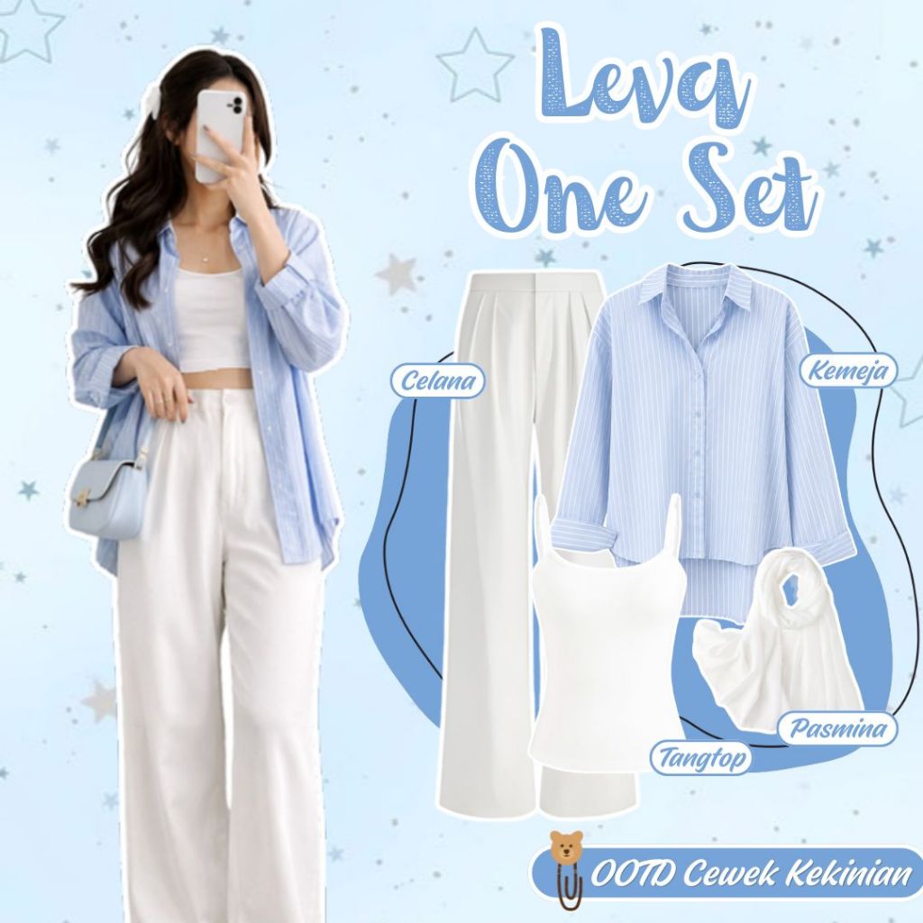Leva Set ( Kemeja Strip + Tanktop Rib + Celana Haighwaist + Pasmina Ceruti ) One Set Wanita Remaja