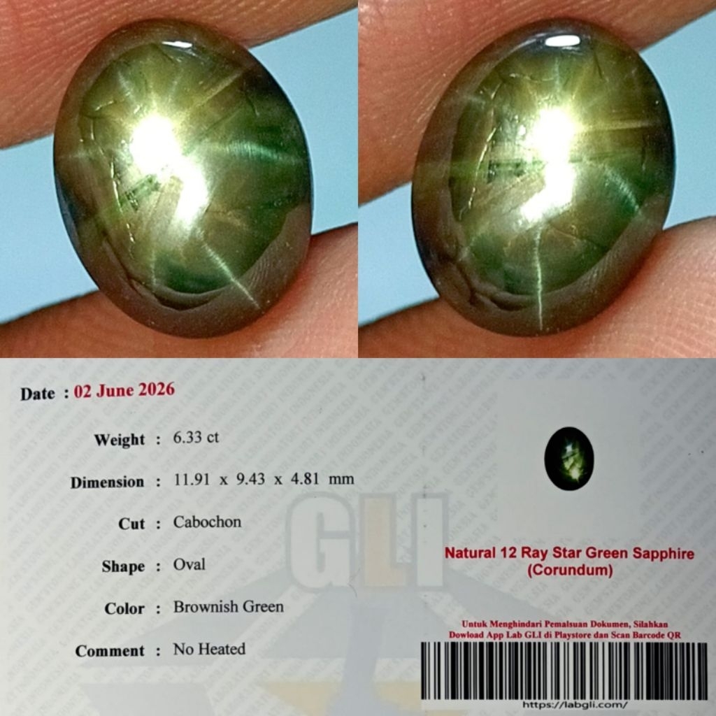 natural 12 Ray star green sapphire brownish green no heatedmemo GLI