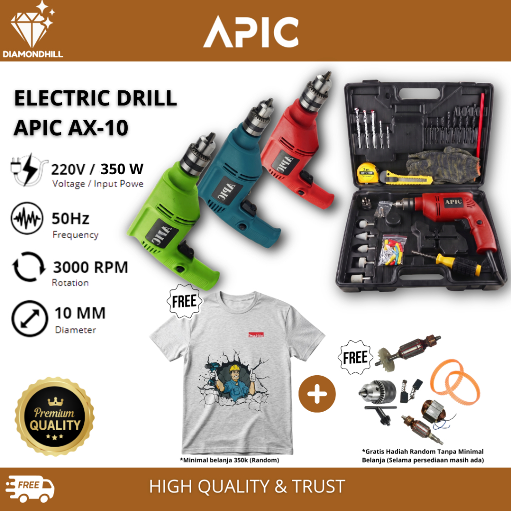 MESIN BOR LISTRIK 10MM SET KOPER - ELECTRIC DRILL 10MM AX-10 / KA-810 KAIROS APIC  BMC/KOPER APIC