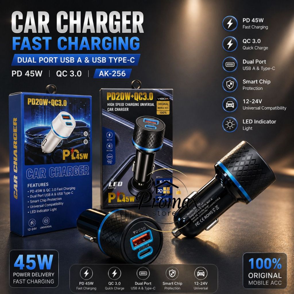 PM - Vibox AK-256 Car Charger PD 45W Fast Charging QC3.0 2port Saver Mobil Colokan Usb Dan Type C Un