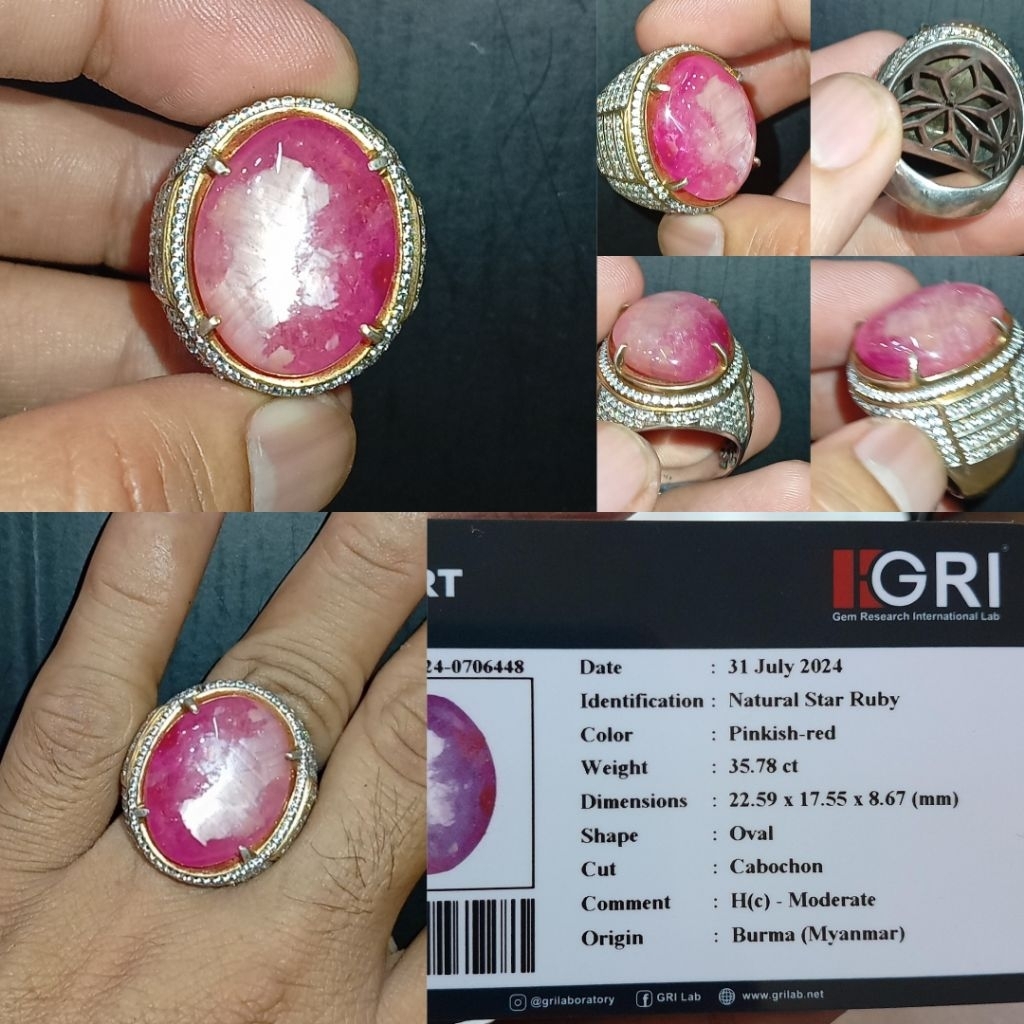 Ruby Star Burma 35.7 ct memo GRI ring perak Handmade