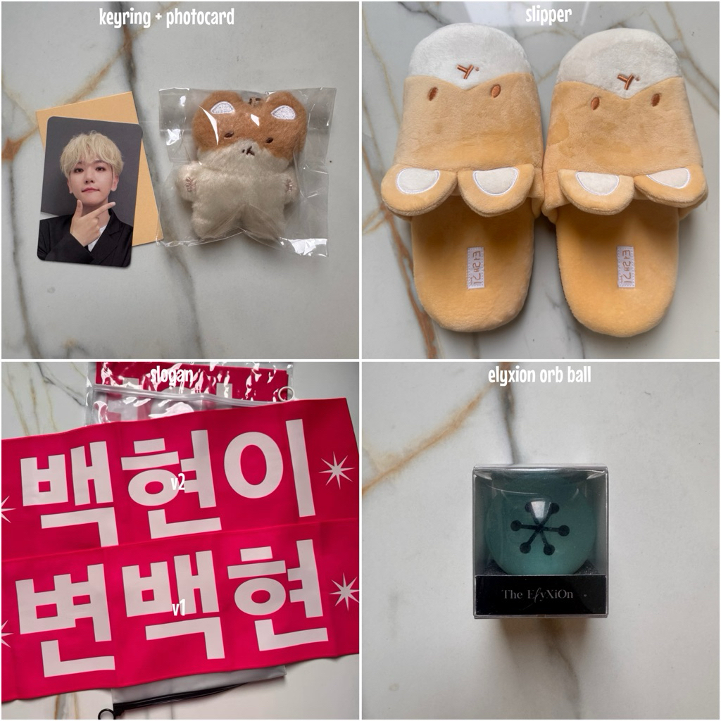 [READY] OFFICIAL BAEKHYUN TEOLAEGI MERCHANDISE FLAT KEYRING, SLIPPER, SLOGAN BAEKHYUNTOWN, ORB BALL 