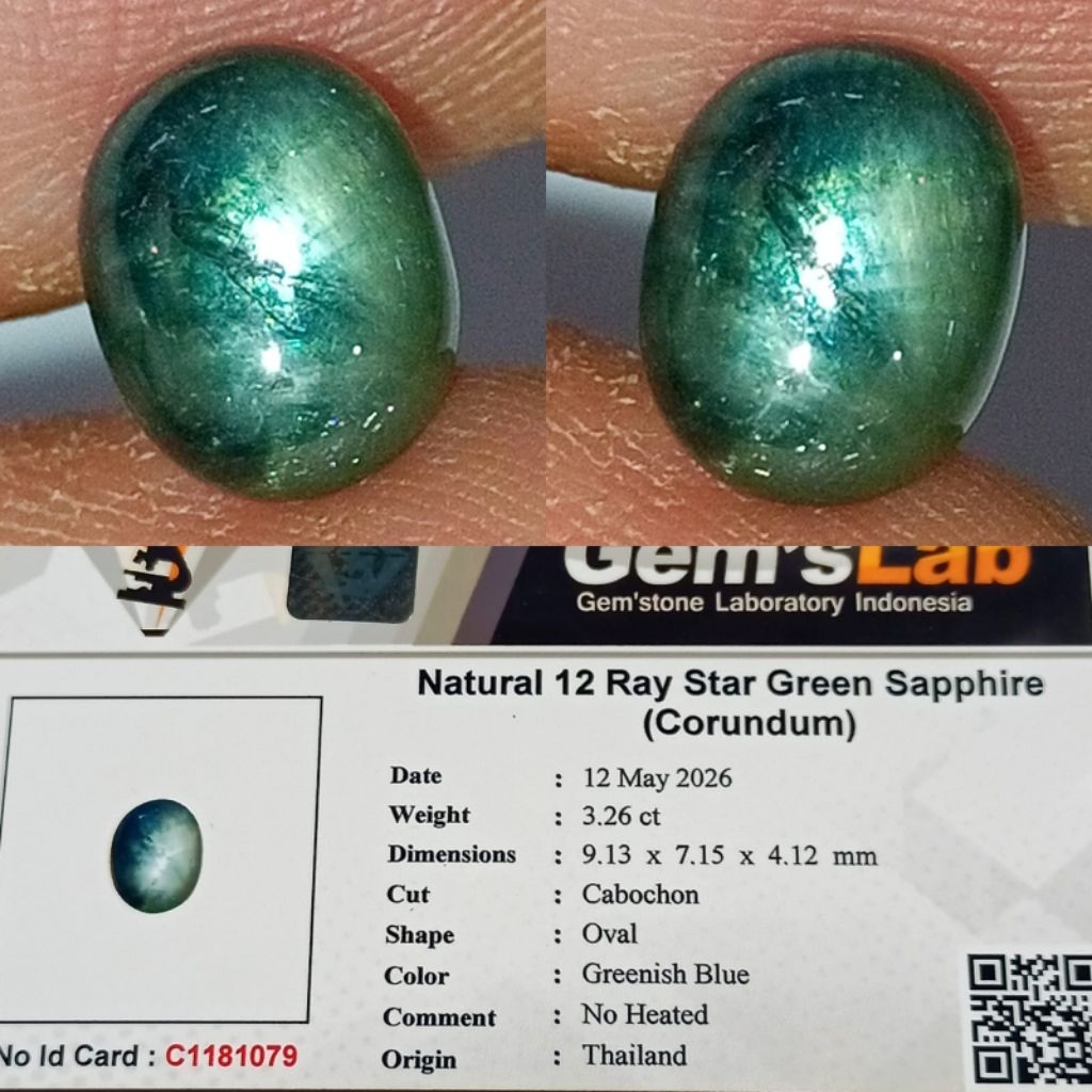 natural 12 Ray star green sapphire greenish blue no heated thailand memo GLI