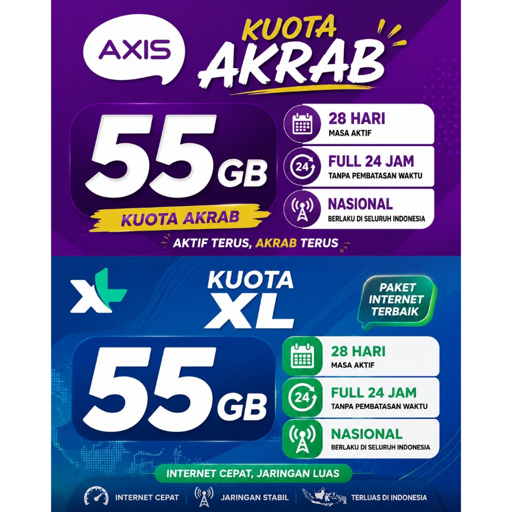 Kuota Data Internet Akrab XL AXIS 55GB 28 Hari Full 24 Jam Nasional | Data Bersama Resmi | Aktif Cep