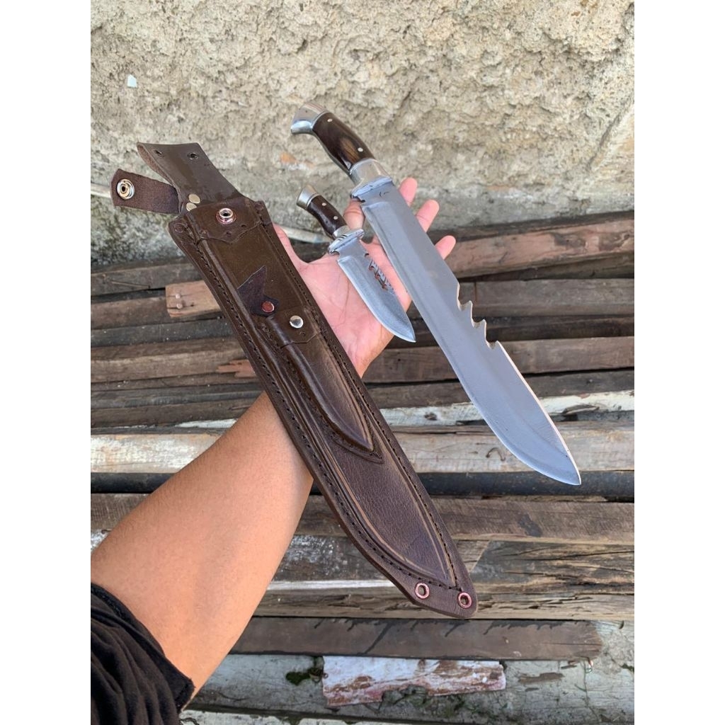 PISAU BOWIE MULTIFUNGSI BERANAK FULL TANG ASLI BAJA/ PISAU BOWIE ANAK/ PISAU HUNTING/ PISAU CAMPING/