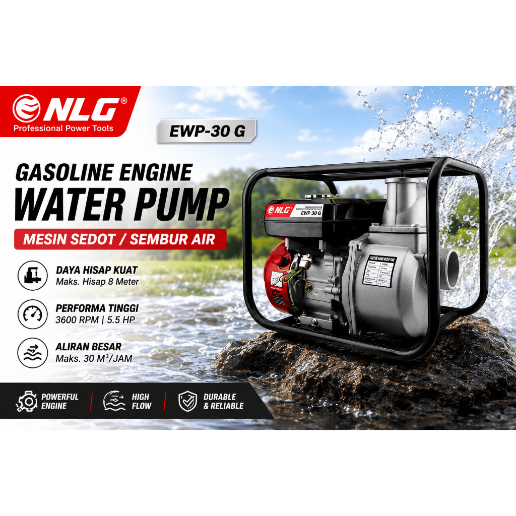 NLG Gasoline Engine Water Pump EWP-30-G 3 Inch 5.5HP Mesin Sedot Sembur Air Pompa Air Bensin 30m³/Ja