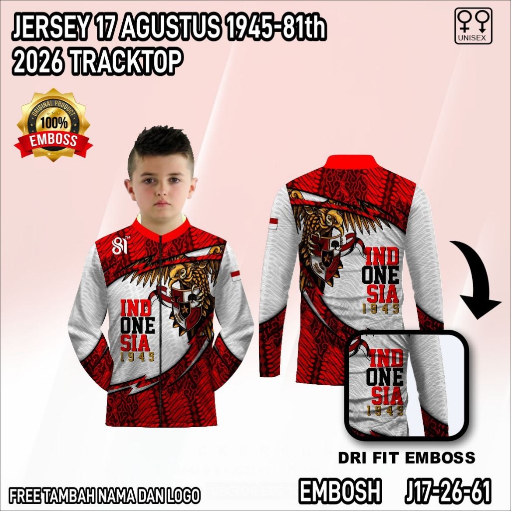 Jaket tracktop Baju Garuda Indonesia 1945 Jersey anak Kemerderaan RI ke 81 Kaos 17an bahan emboss