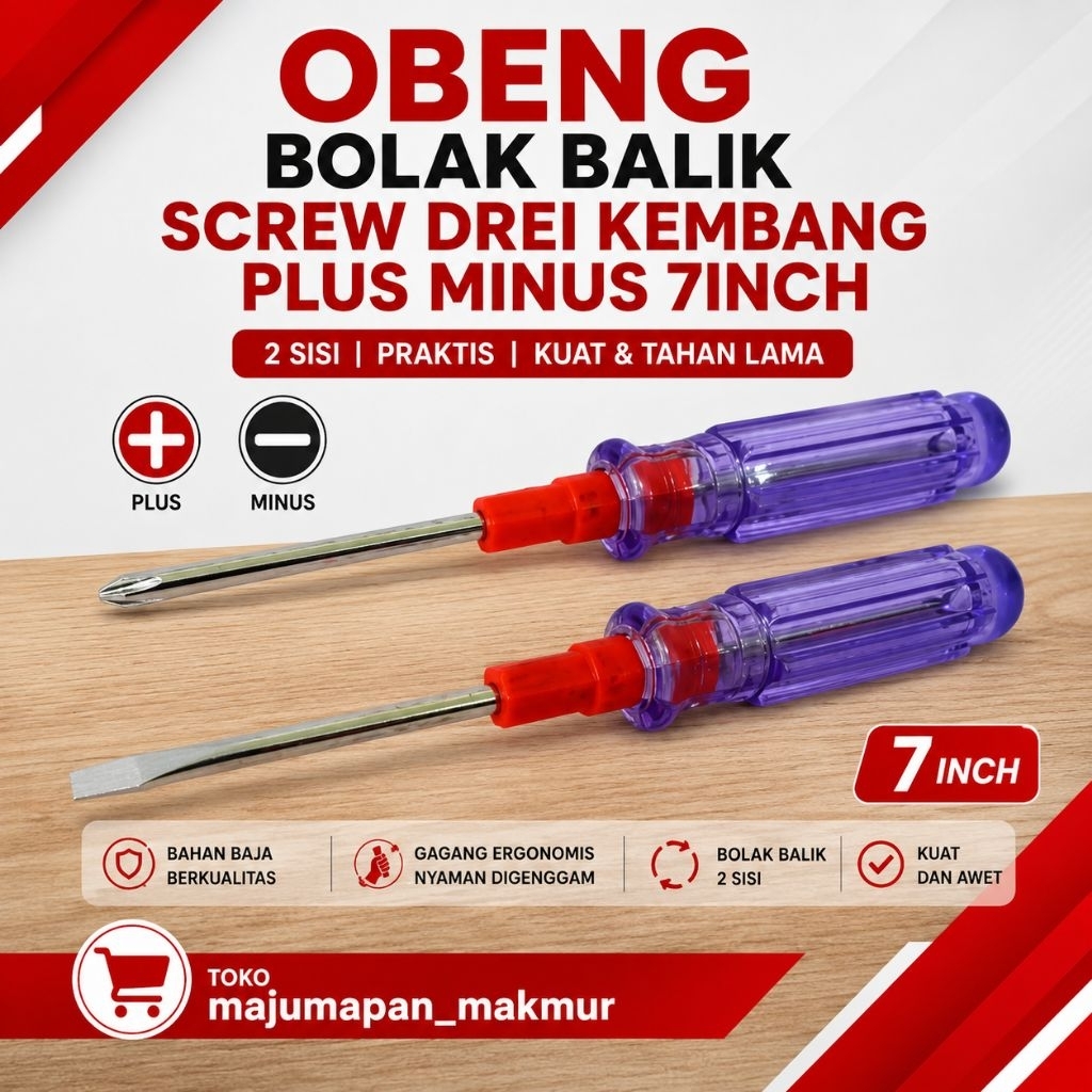 1 Pcs Obeng Screw Driver Drei BB Bolak Balik Kembang Plus Minus 7Inch
