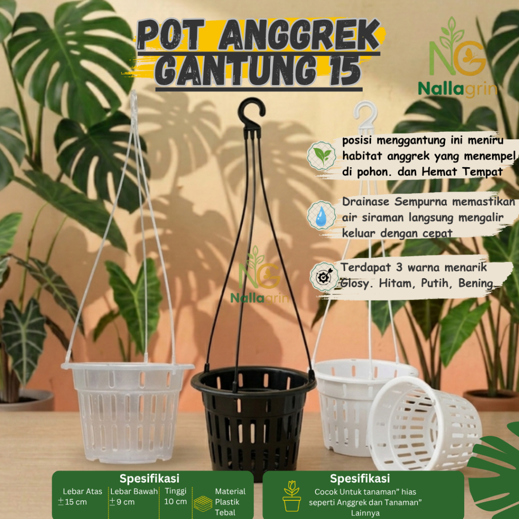 Pot Gantung Netpot NKT 15 Tanaman Bunga Anggrek Hitam Putih Bening