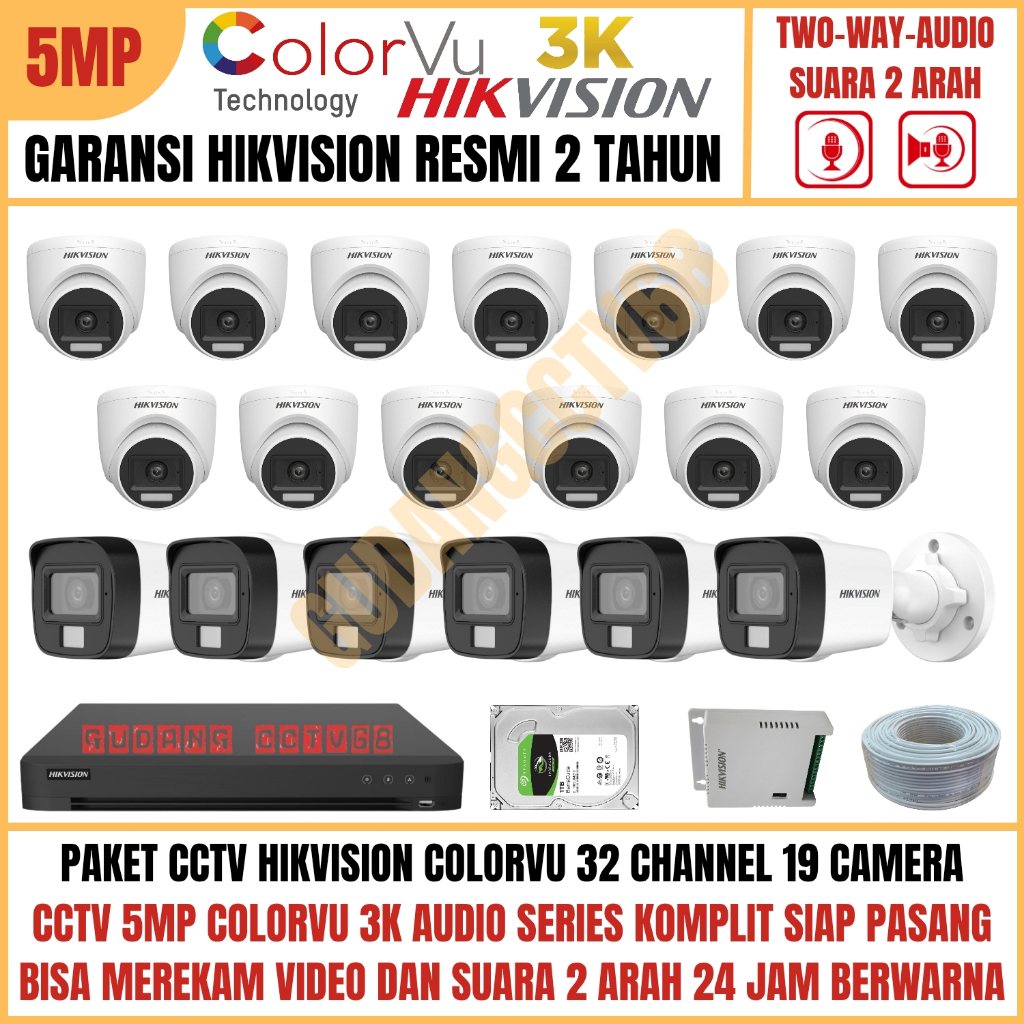 Paket CCTV HIKVISION COLORVU 32 Channel 19 Camera 5MP 3K Full Colour AUDIO TWO WAY Komunikasi 2 ARAH