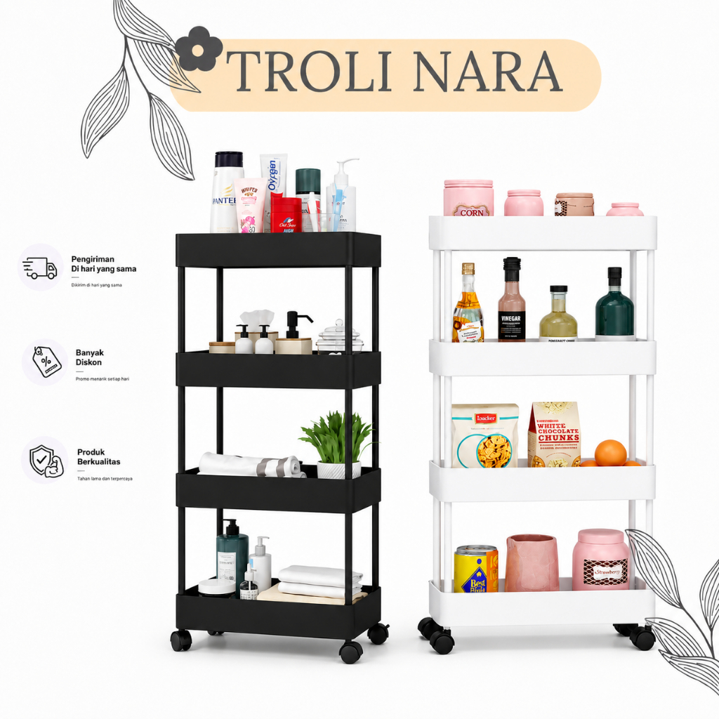 Rak Susun 4 Tingkat Dengan Roda Troli Serbaguna Dapur, Laundry Kamar Tidur/ Rak Susun Roda Portable