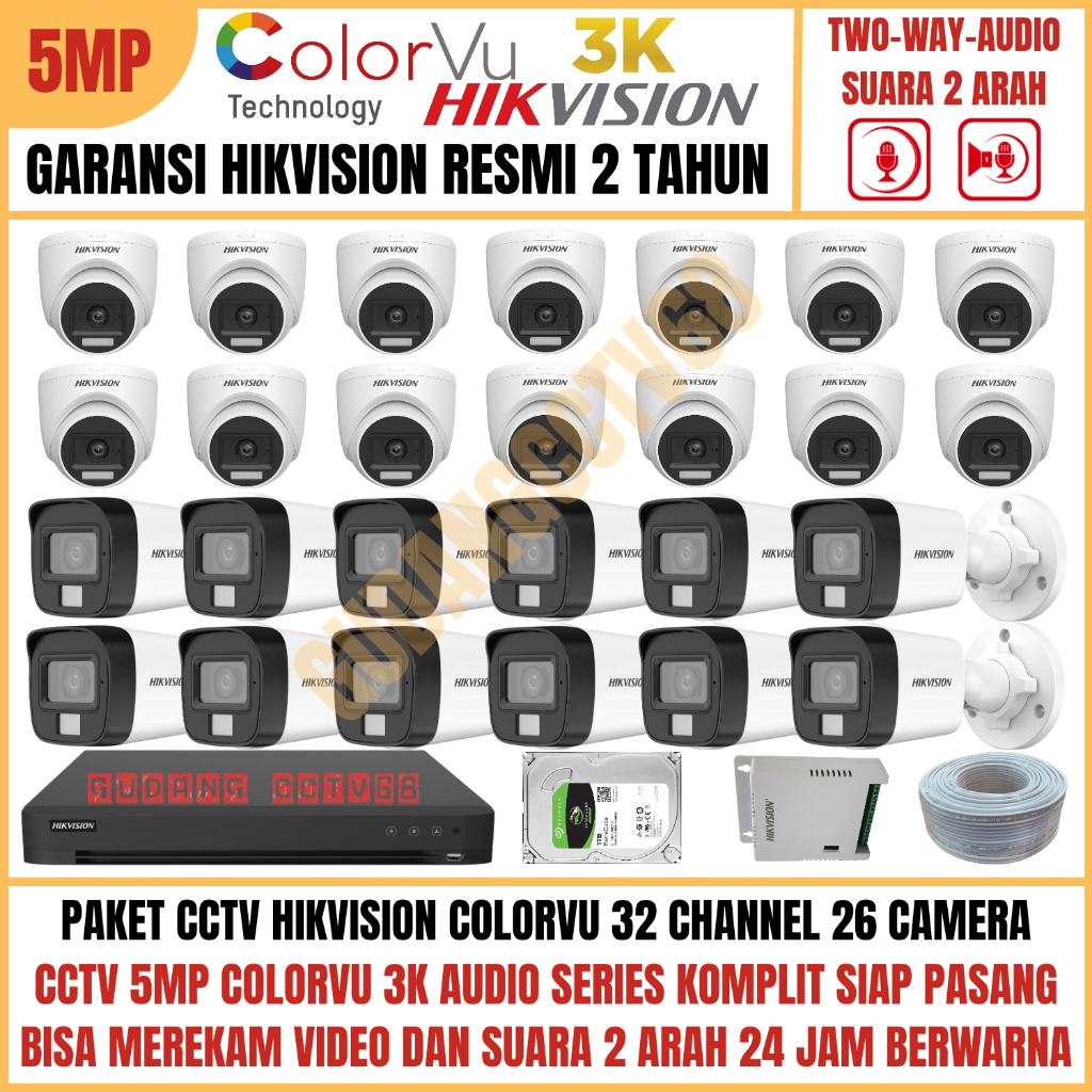 Paket CCTV HIKVISION COLORVU 32 Channel 26 Camera 5MP 3K Full Colour AUDIO TWO WAY Komunikasi 2 ARAH