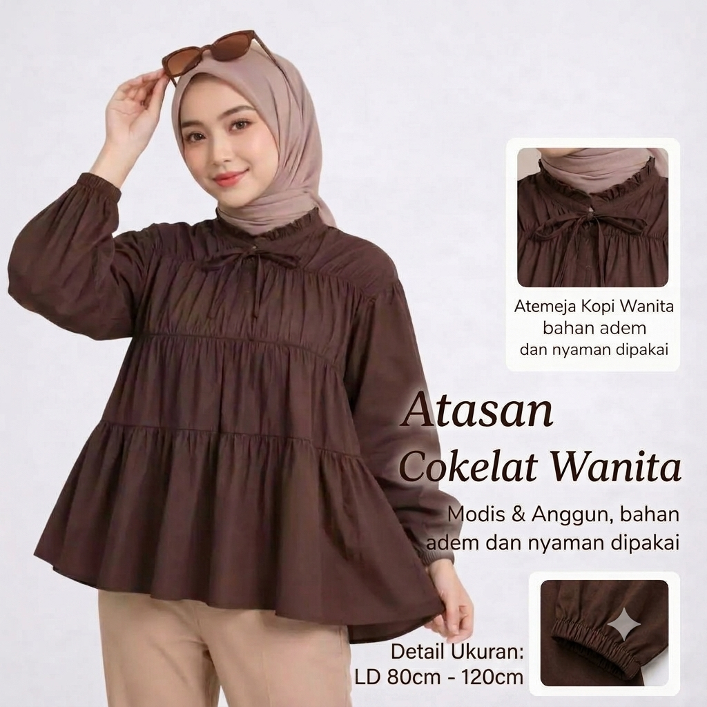{AHN} Mireya Blouse Kerut Dada - Atasan Wanita Polos Lengan Panjang Bahan Rayon Twill Adem Size L&XL