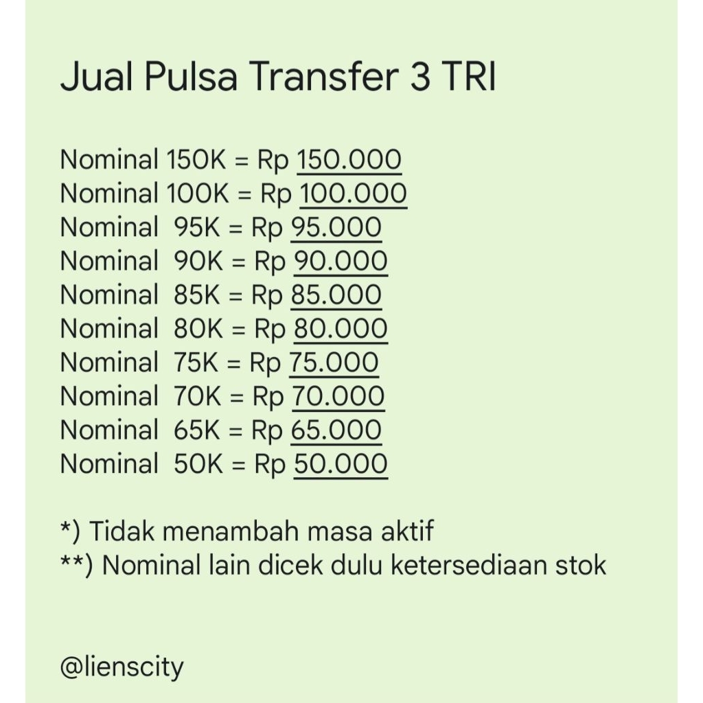 Pulsa Transfer 3 TRI (THREE) tanpa masa aktif