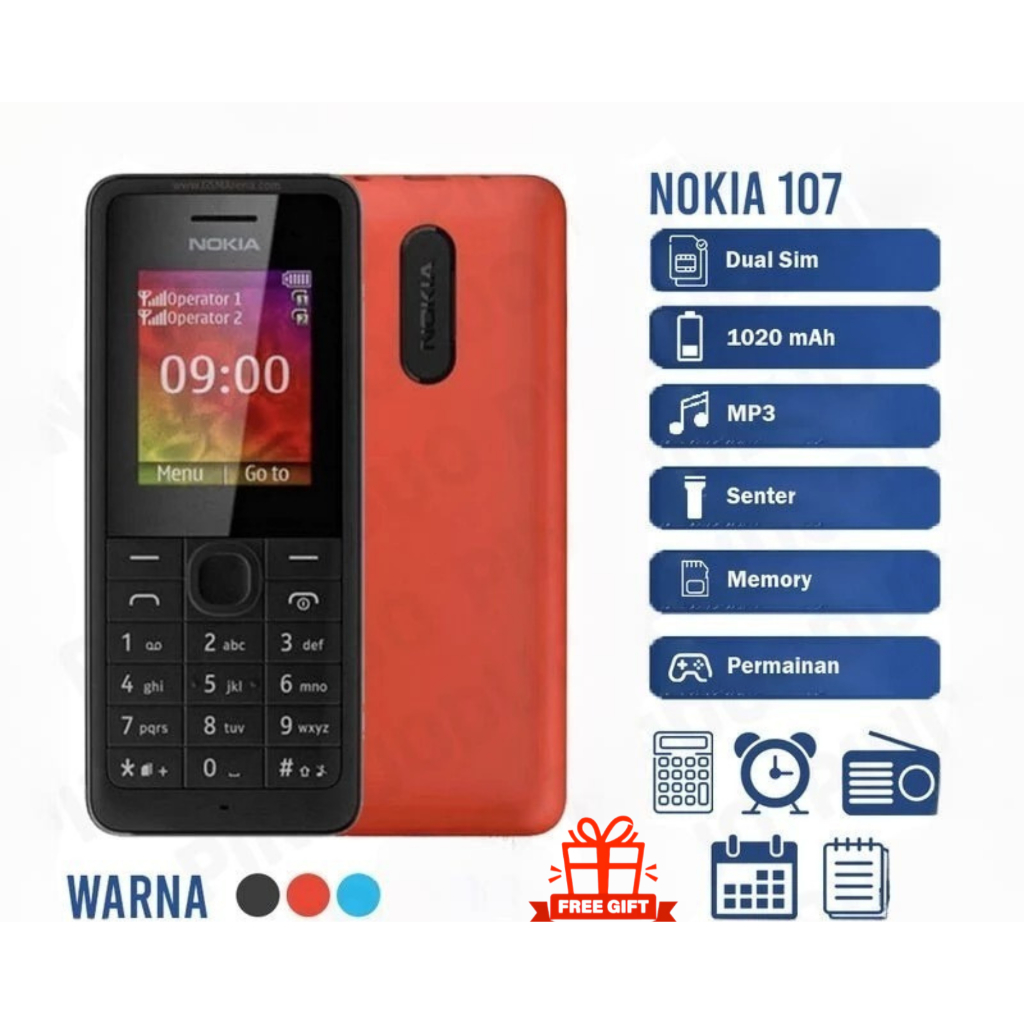 HP NOKIA 107 BARU GARANSI 1 BULAN DUAL SIM SLOT MEMORY SENTER RADIO GAME 1020mAh