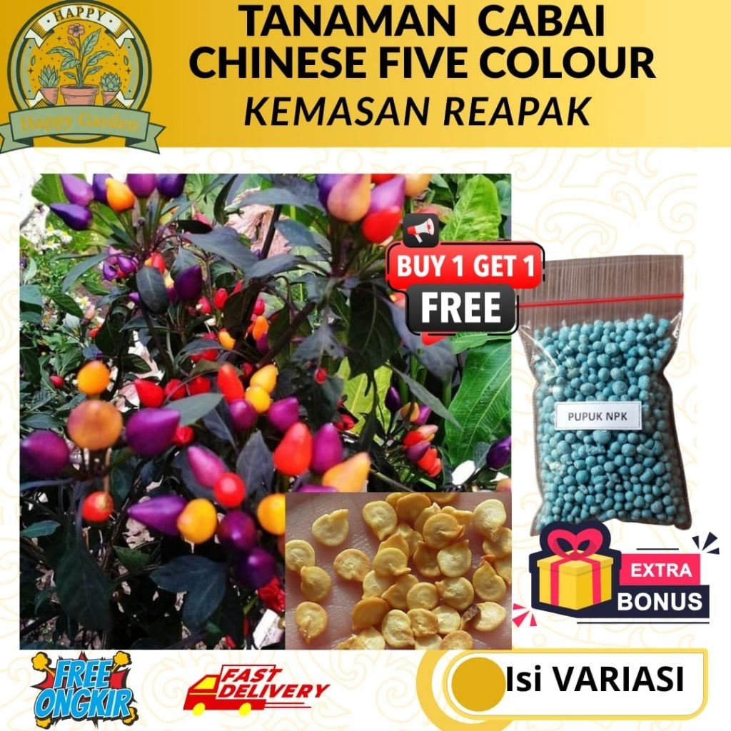 [ BONUS PUPUK ]-HAPPY GARDEN BIJI BENIH TANAMAN "CABAI CHINESE FIVE COLOR" KEMASAN REAPAK_ ISI ± 10 