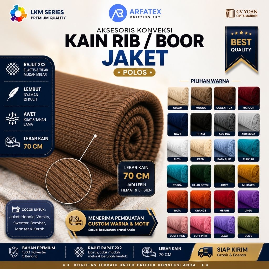 Kain rib bur jaket polyester soft rajut 1x1 dan 2x1  premium warna lengkap LKM series