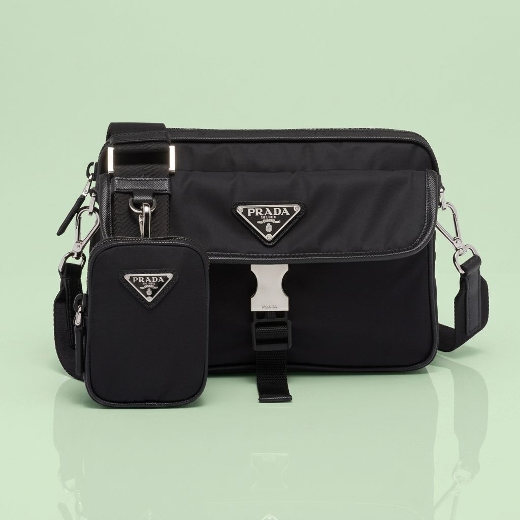 Tas Bahu PRIA BRAND PRADA Re-Nylon dan Kulit Saffiano dengan Logo Logam Segitiga Warna Hitam