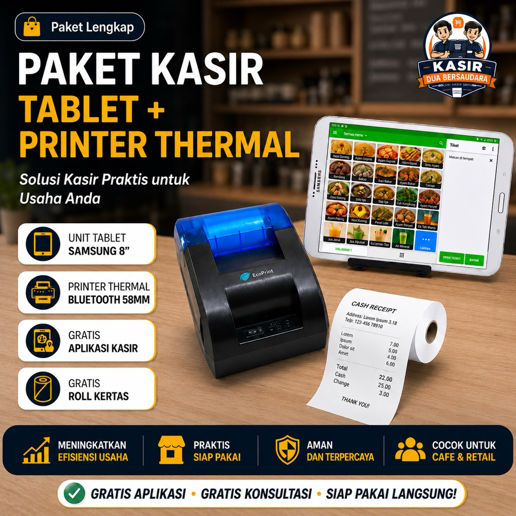 PAKET KASIR USAHA UMKM SUDAH INCLUDE TABLET SAMSUNG 8INCH + PRINTER STRUK