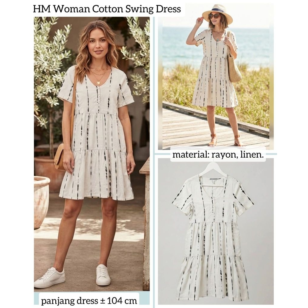 baju atasan Wanita cotton linen HM Woman Cotton Swing Dress dress baju casual Nyaman adem pantai