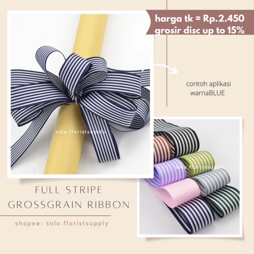 1M PITA GROSSGRAIN FULL STRIPE KOREAN RIBBON  MOTIF GARIS TENGAH LEBAR 2.6CM PREMIUM PITA KADO GIFT 