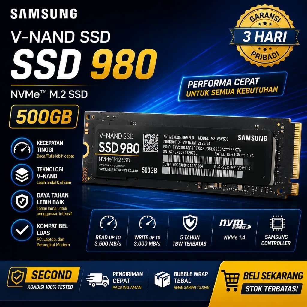 Samsung SSD 980 500GB NVMe M.2 PCIe Gen3 Original Second Garansi Pribadi 3 Hari